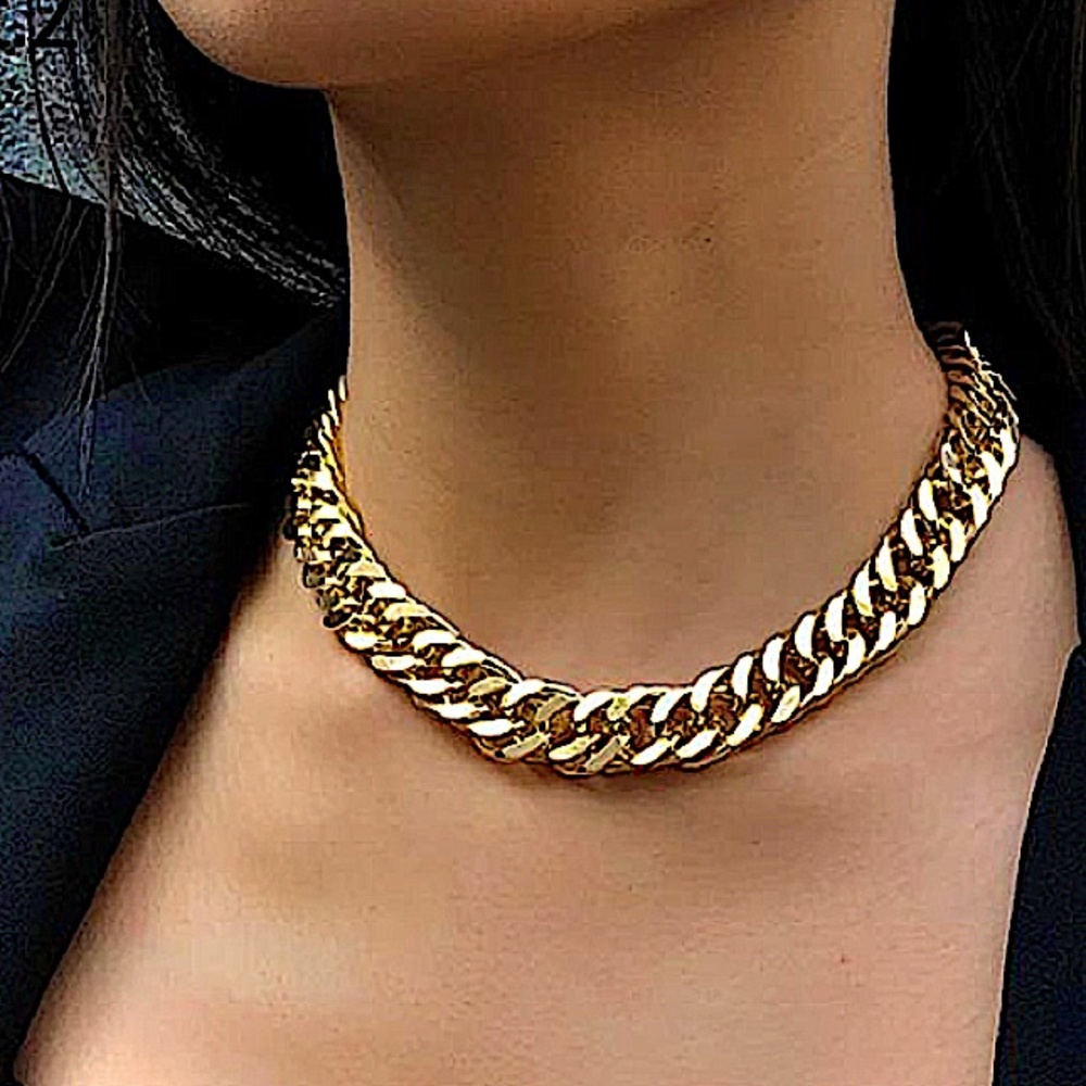 Gold Chain Link Exaggerated Cuban Choker Matching Bracelet Set - Picture 3 of 15